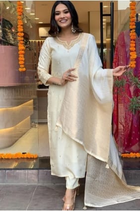 Salwar Kameez crème brodé pour l'Aïd en coton SK156008