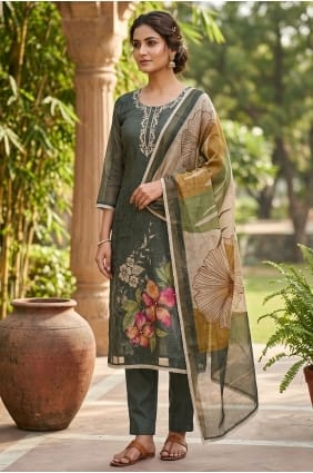 Salwar Kameez gris imprimé en coton SK159077