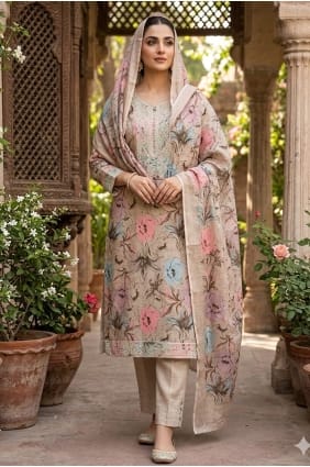 Salwar Kameez gris imprimé en coton SK159120
