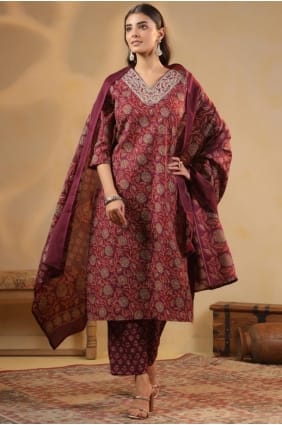 Salwar Kameez en coton imprimé bordeaux avec dupatta SK156041