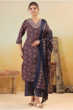 Salwar Kameez bleu imprimé en coton avec dupatta SK156042