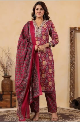 Ensemble salwar kameez en coton bordeaux imprimé SK156044