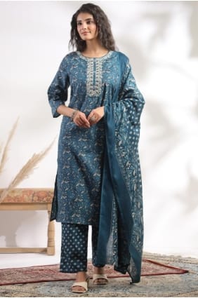 Salwar Kameez bleu en coton imprimé avec dupatta SK156047