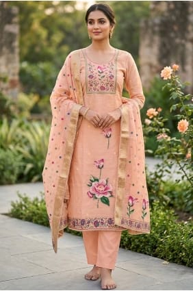 Salwar Kameez en coton imprimé couleur pêche avec dupatta SK15880