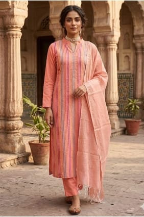 Salwar Kameez en coton couleur pêche avec tissage SK15898