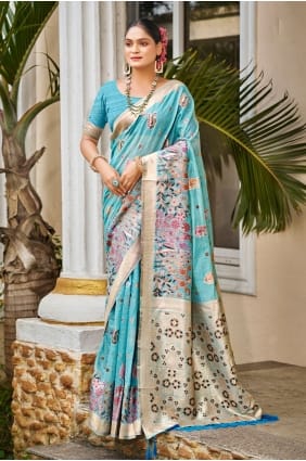 Sari en coton bleu avec broderies SR29842
