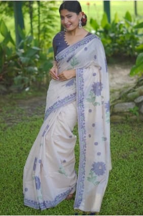 Tissage de sari en coton blanc SR29676