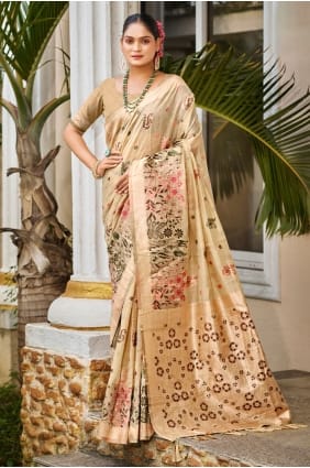 Sari beige en coton brodé avec chemisier assorti SR29843