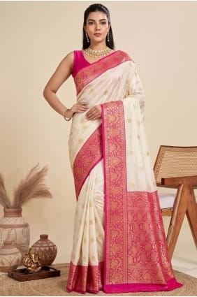 Crème Zari Saree en soie brute Banarasi SR30157