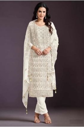 EID SALWAR KAMEEZ CRÈME en mousseline brodée SK155161