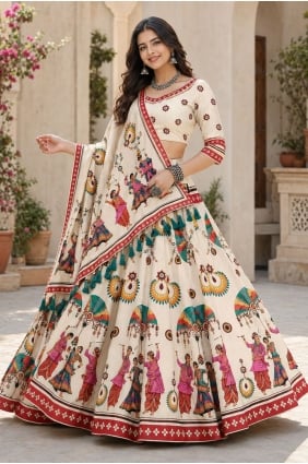 Lehenga Choli crème en coton imprimé LC9268