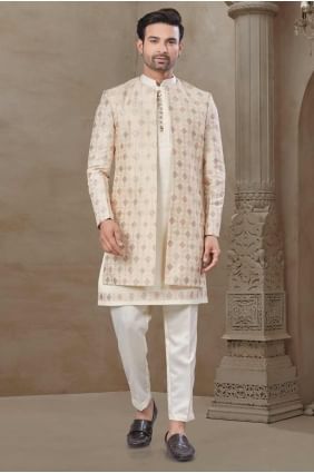 Pyjama kurta crème pour homme avec gilet en soie à imprimé KURR519