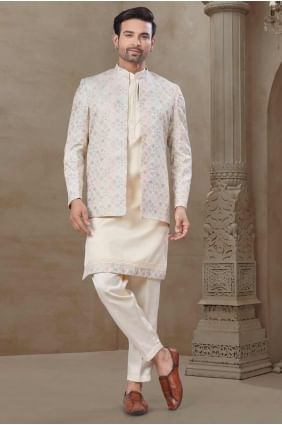 Pyjama kurta pour homme imprimé crème avec gilet en soie KURR522