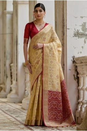 Sari en soie brute Resham et zari couleur crème SR29244