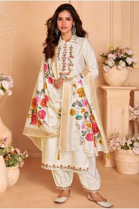 Salwar Kameez en viscose brodée couleur crème avec dupatta SK155784