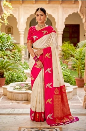Sari en soie brodée couleur crème avec chemisier assorti SR30202