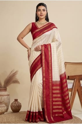 Zari Saree en soie brute Banarasi crème SR30156