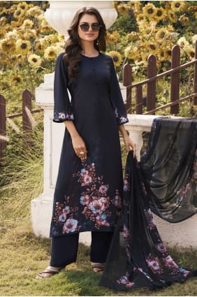 Salwar Kameez bleu marine en crêpe imprimé numérique avec dupatta SK156061