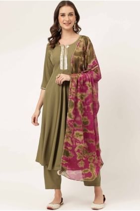 kurti vert olive brodé en crêpe avec dupatta KTI2655