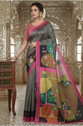 Sari rose en crêpe imprimé SR29809