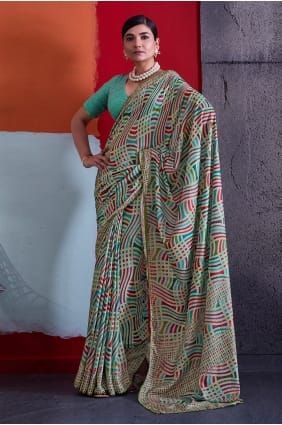Sari en crêpe imprimé vert turquoise SR30039
