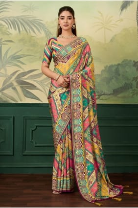 Sari en crêpe multicolore avec miroir, imprimé SR30187