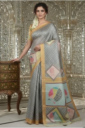Sari en crêpe imprimé moutarde SR29814