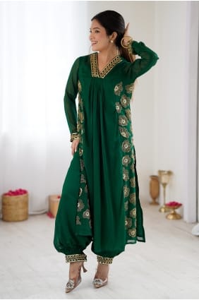 Salwar Kameez brodé en georgette vert foncé SK159184