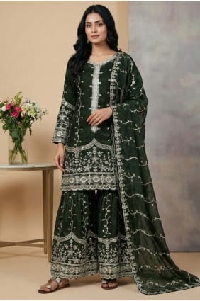 Ensemble Sharara vert foncé en soie à sequins SS1332