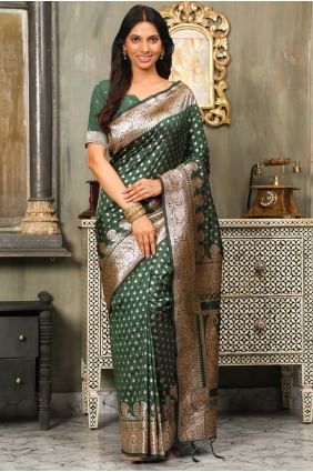 Sari en soie Banarasi vert foncé avec tissage SR28871
