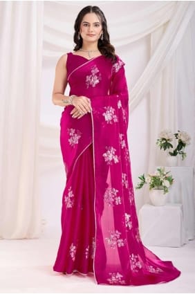 sari brodé rose foncé en satin jam SR28170