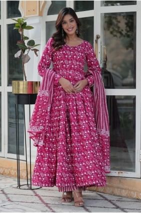 Costume Anarkali rose en coton imprimé numérique avec dupatta AS4055