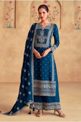 Tailleur pantalon droit en coton imprimé numériquement bleu avec dupatta SK155155