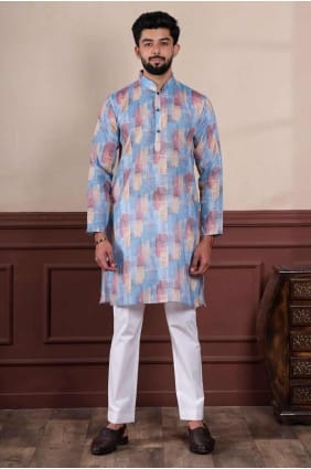 Impression numérique Lin Bleu Hommes Kurta KURR473