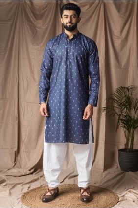 Kurta pour homme en lin imprimé numérique bleu KURR596