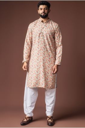 Kurta pour homme en lin multicolore imprimé numérique KURR582