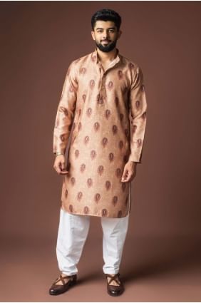 Kurta pour homme marron orangé en lin imprimé numérique KURR593
