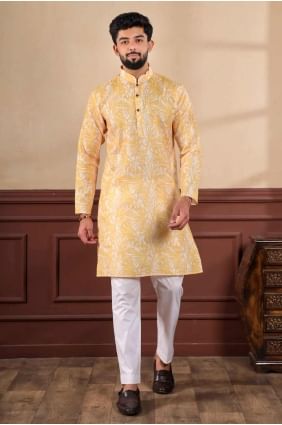 digital print linen mustard men kurta KURR488