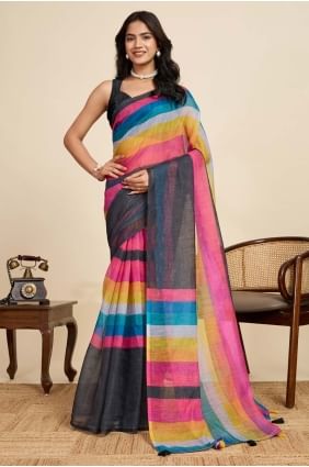 Sari en lin multicolore avec imprimé numérique SR28914