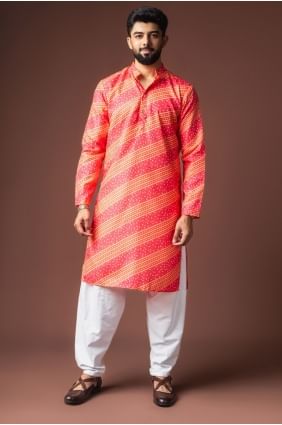 Kurta rose pour homme en lin imprimé numérique KURR585