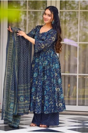 Ensemble Anarkali en mousseline bleue avec imprimé numérique AS4153