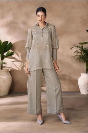 Costume droit gris en organza imprimé numérique avec dupatta SK155289