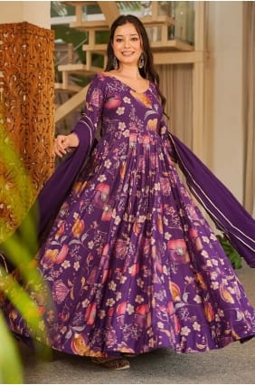 Robe longue violette en rayonne imprimée numériquement GW1335