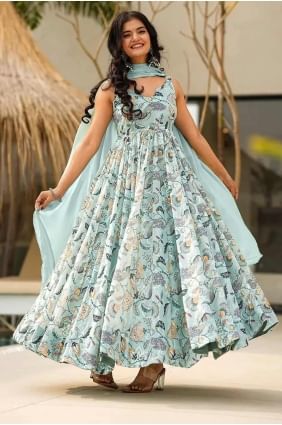 Robe longue en rayonne à imprimé numérique vert d'eau avec dupatta GW1117