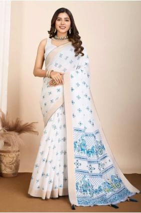 sari à impression numérique en coton blanc cassé SR28138