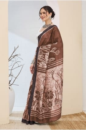 Sari en soie marron imprimé numérique SR30217