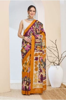 Sari orange en soie imprimée numériquement SR30213