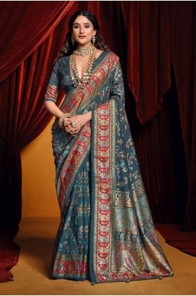 sari en soie tussar imprimé numériquement en gris anthracite avec chemisier SR28438