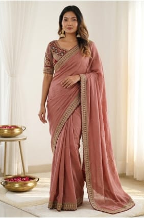 Sari en soie rose poudré brodé SR30138