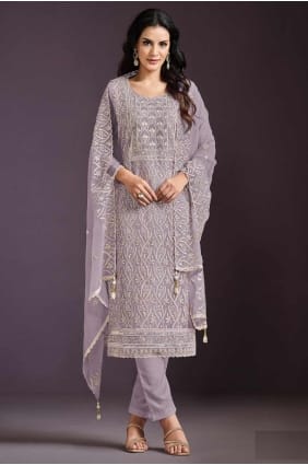 Aïd salwar kameez en mousseline de soie violette avec broderie SK155162